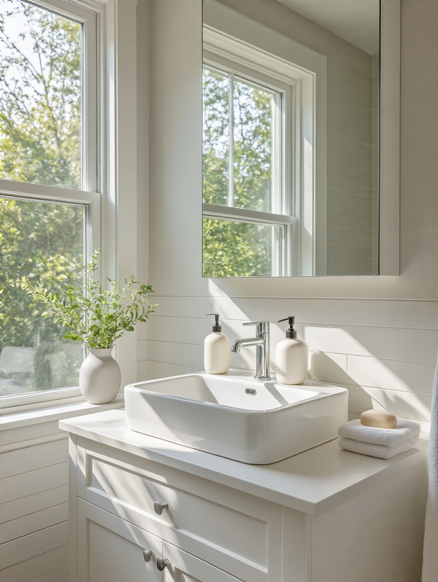 Portrait of a minimalist tiny bathroom with a clear countertop