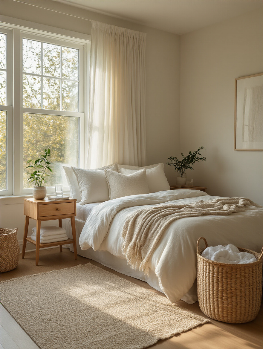 Cozy bedroom with neatly made bed and tidy surfaces bathed in warm light