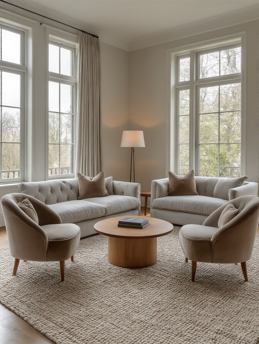 Elegant living room with a light grey sofa and two velvet armchairs arranged closely on an area rug, facilitating intimate conversations. A circular coffee table is central, bathed in natural light and warm lamp glow. No people are present.