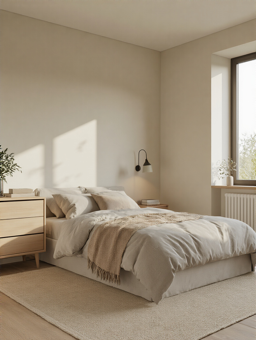 Portrait view of a small bedroom layout showing the bed, dresser, and nightstand footprint planning.