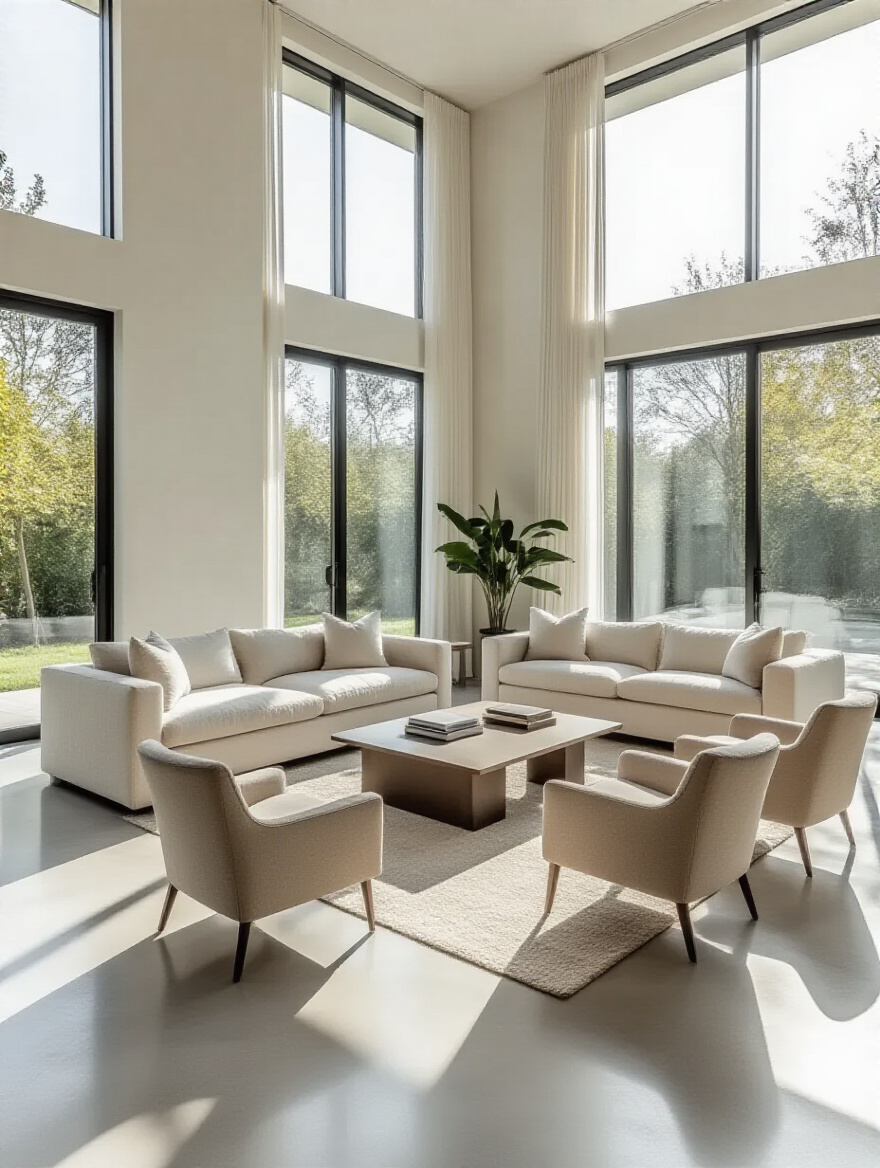 An aerial view of a meticulously planned modern living room, with a subtle overlay illustrating the smooth traffic flow paths between furniture and various zones, ensuring unimpeded movement.
