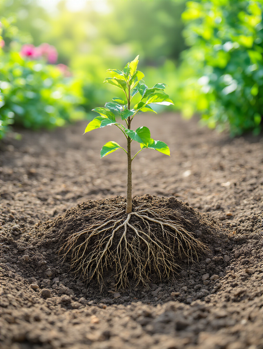 Close-up of a young tree planted at the correct depth, showing the root flare at the soil surface, surrounded by rich soil in a healthy garden bed.