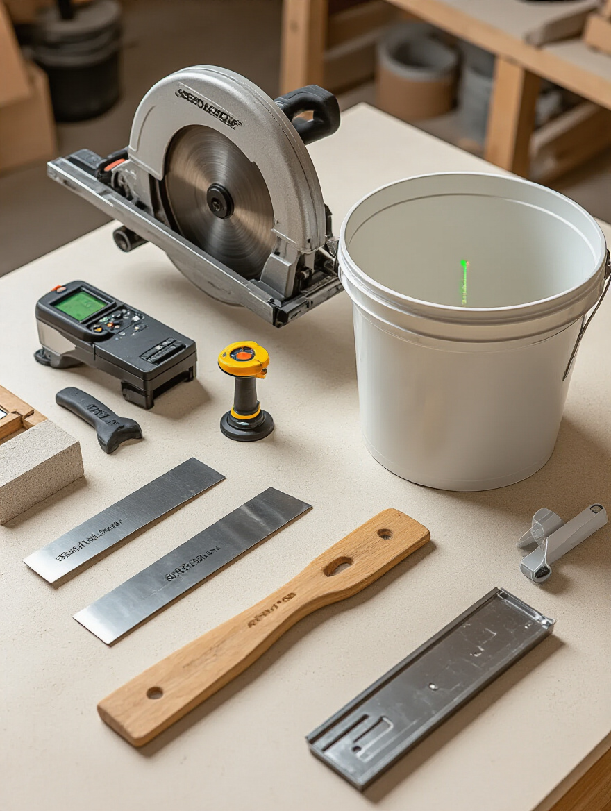 A collection of essential tiling tools, including a wet saw, notched trowels, and a laser level, neatly arranged for efficient bathroom tile installation.
