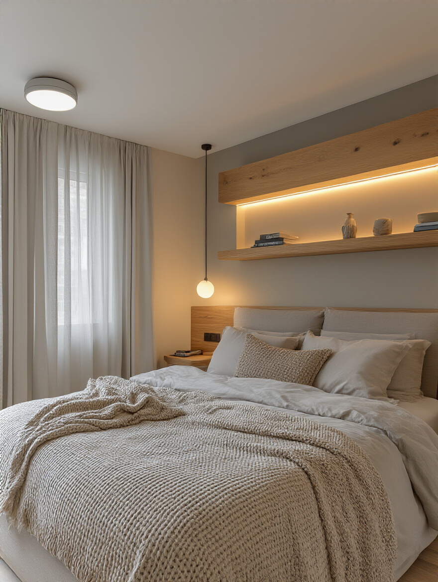 A cozy small apartment bedroom illuminated with warm layered lighting, featuring an overhead flush mount, a bedside lamp, and LED strip lights under a shelf, creating versatile moods.