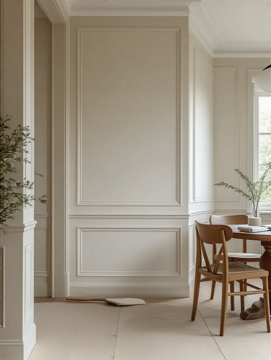 Portrait view of a dining room wall with seamless wallpaper seam