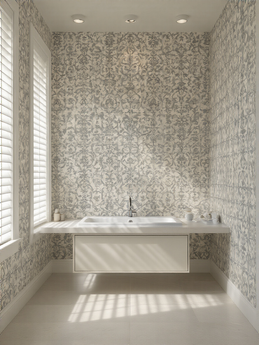 Portrait view of a bathroom wall showing seamless wallpaper pattern and near-invisible seams for a polished look.