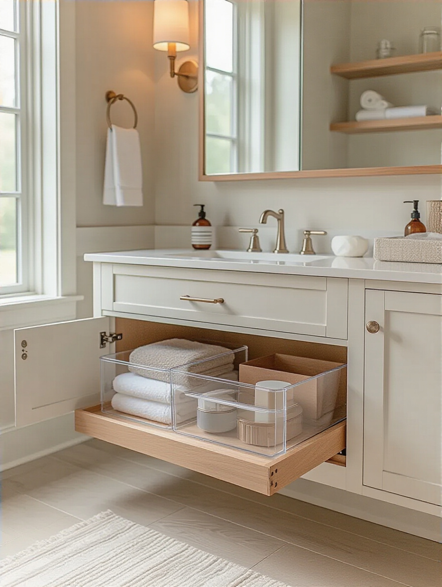 Open vanity drawer with custom organizers neatly arranged