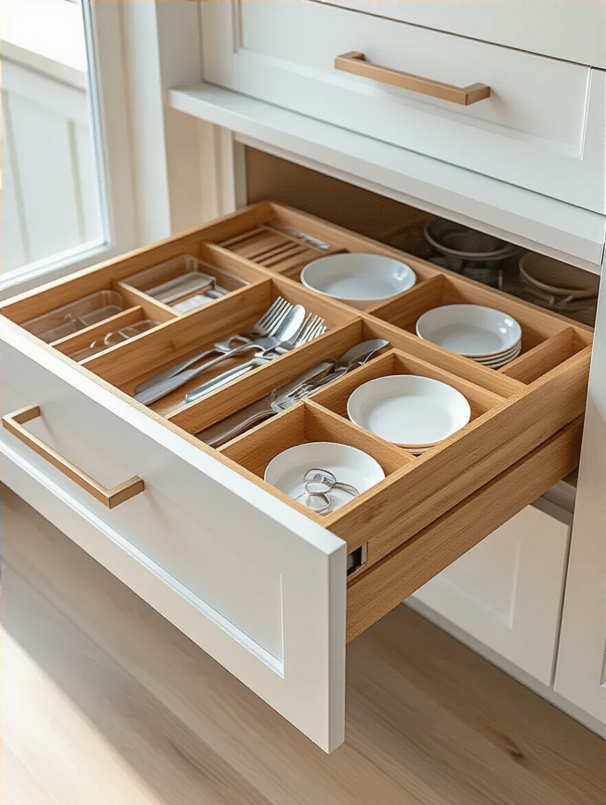 Open kitchen drawer with budget-friendly organizers neatly arranged