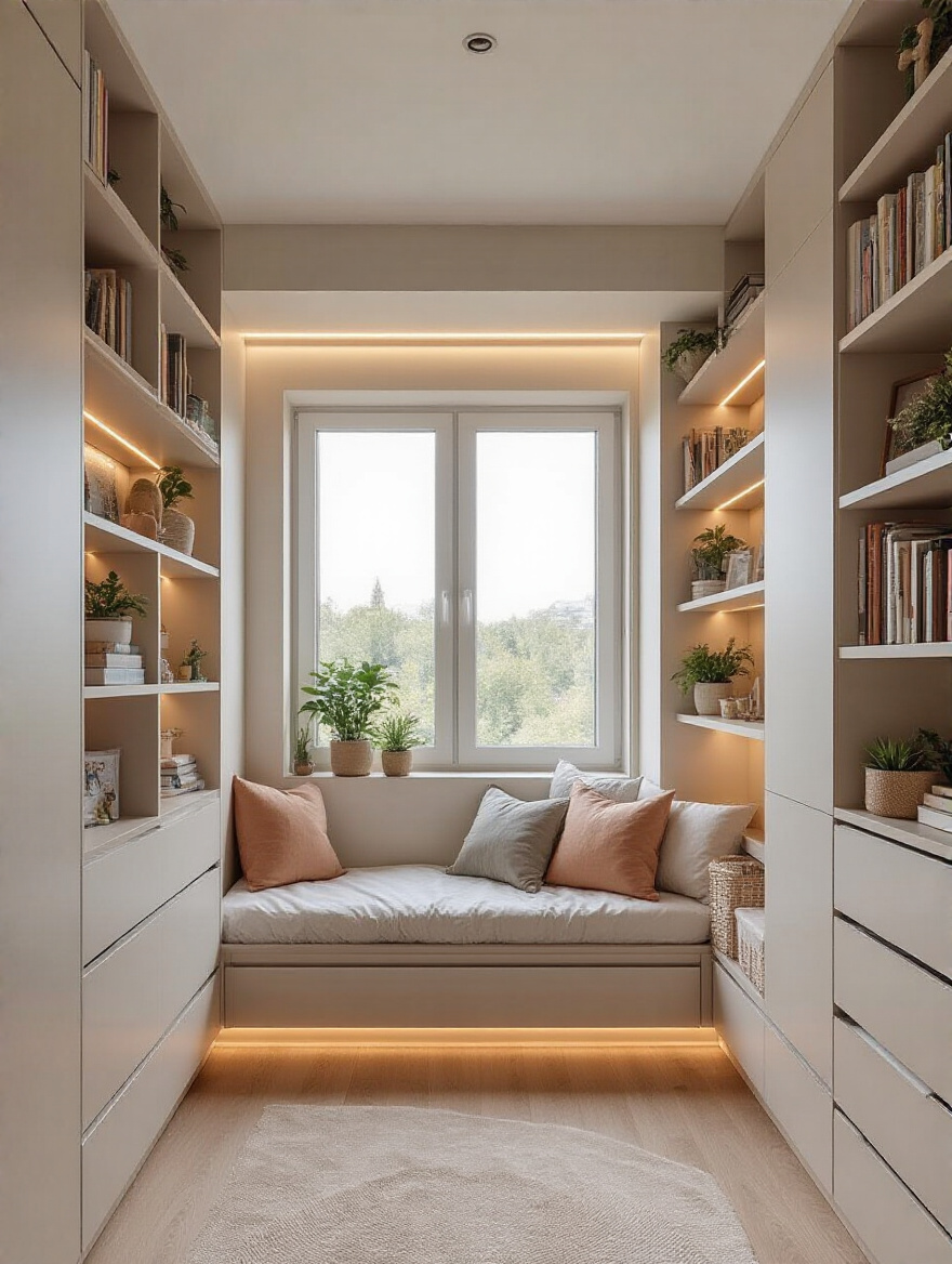 Teen girl's bedroom with floor-to-ceiling vertical shelving and built-ins, showcasing organized books, decor, and hidden storage around a bright window, emphasizing space-saving design.