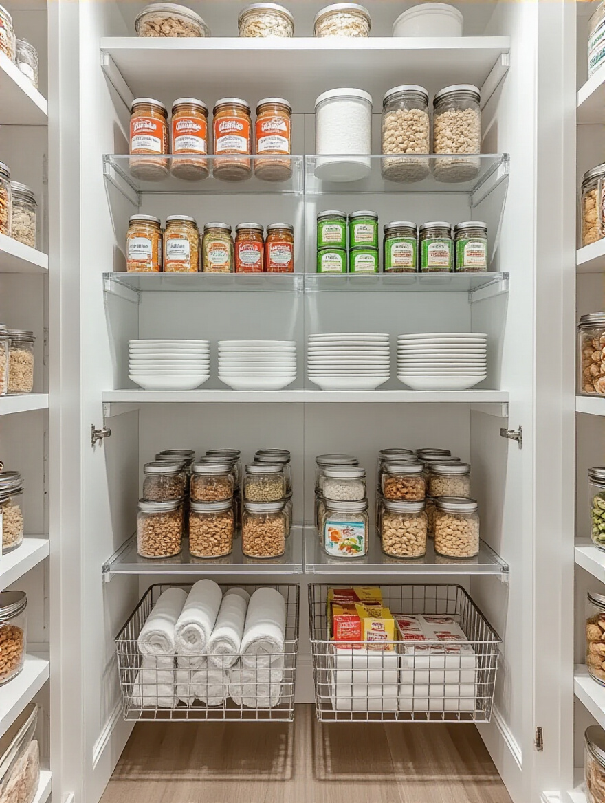 An impeccably organized kitchen pantry cabinet interior, featuring clear acrylic tiered shelves neatly filled with canned goods, spice jars, and ceramic plates. A wire under-shelf basket holds rolled kitchen towels and baking supplies, demonstrating efficient vertical kitchen storage.
