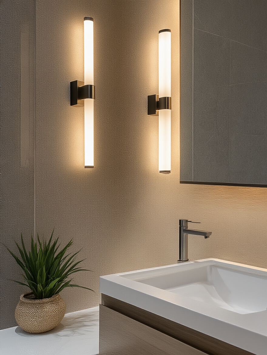 Modern bathroom with bright, evenly lit vanity. Two vertical LED sconces are mounted at eye-level on either side of a large, frameless mirror, casting shadow-free illumination on the counter and wall.