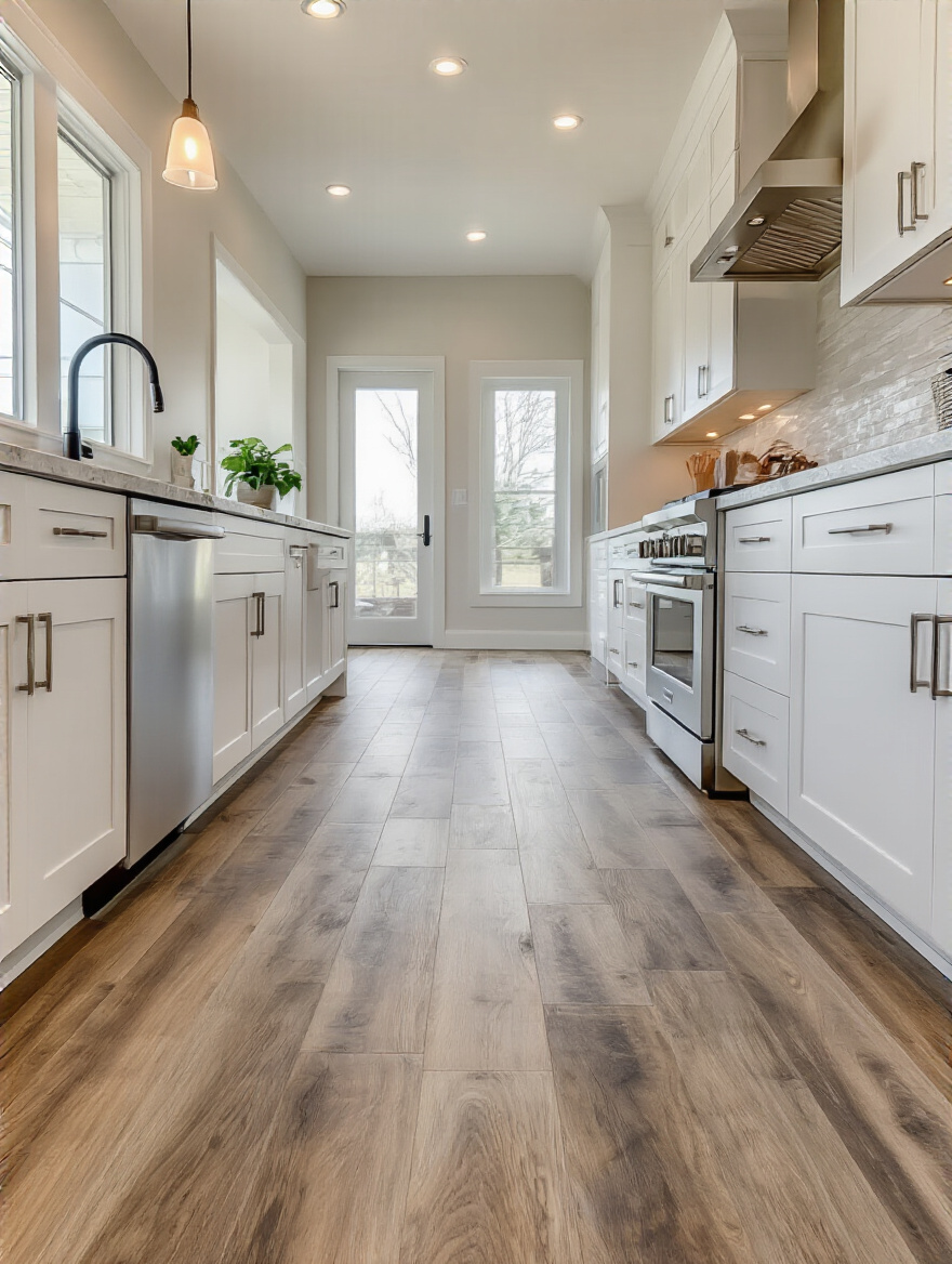 Portrait of a modern kitchen with vinyl plank flooring