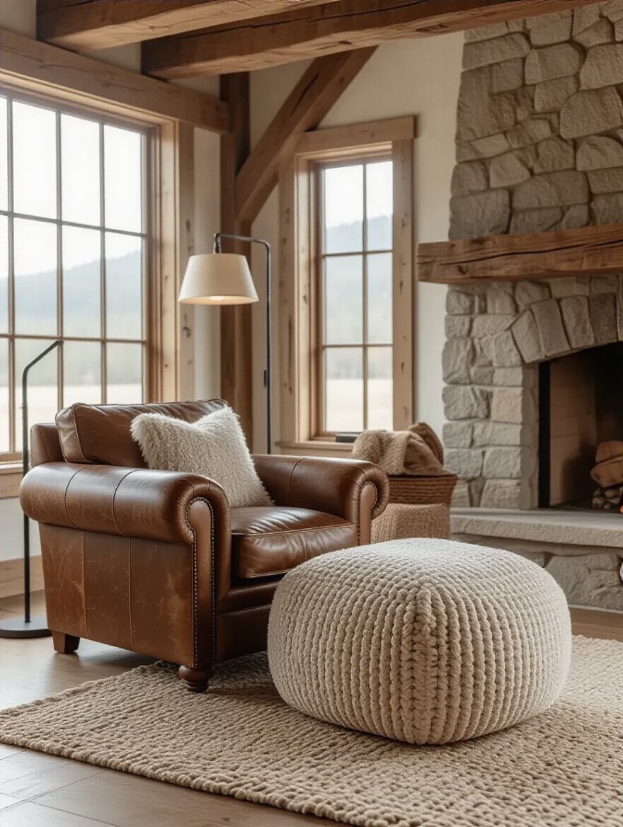 Distressed leather armchair with plush bouclé ottoman in a rustic living room