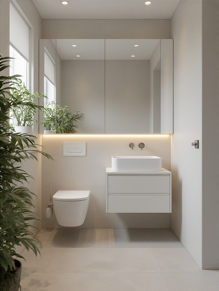 Portrait of a compact bathroom with a floating vanity and wall-hung toilet, open floor space.