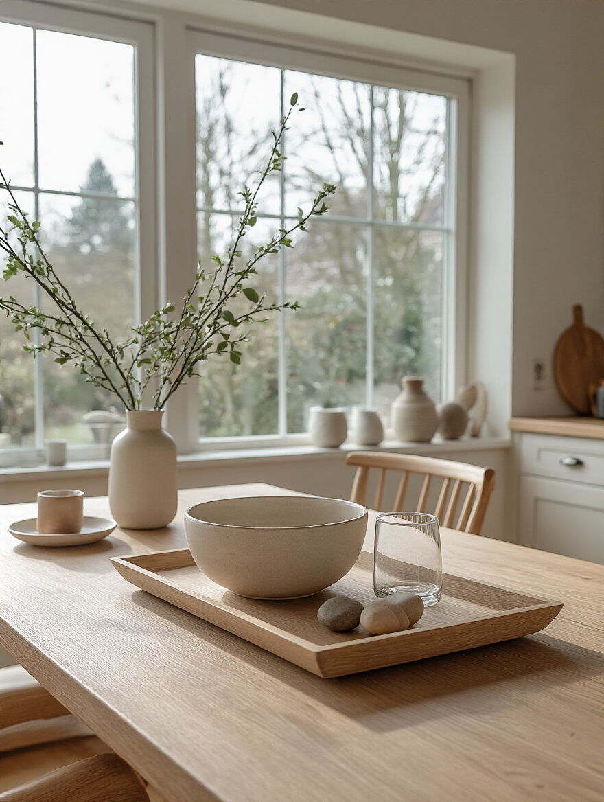 Neutral adaptable centerpiece vessel on a kitchen table