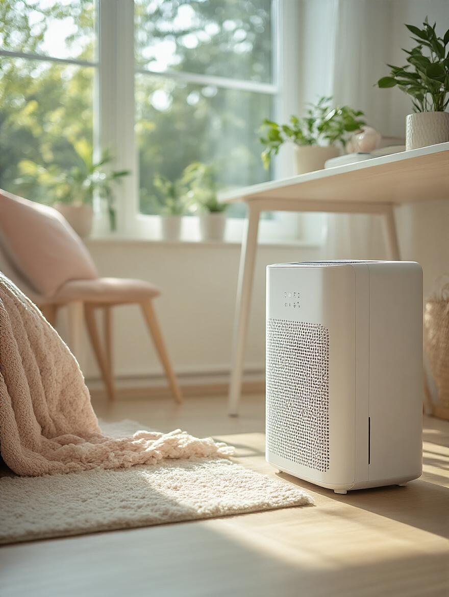 Stylish white air purifier in a minimalist teen girl's bedroom with natural light and pastel decor, improving air quality.