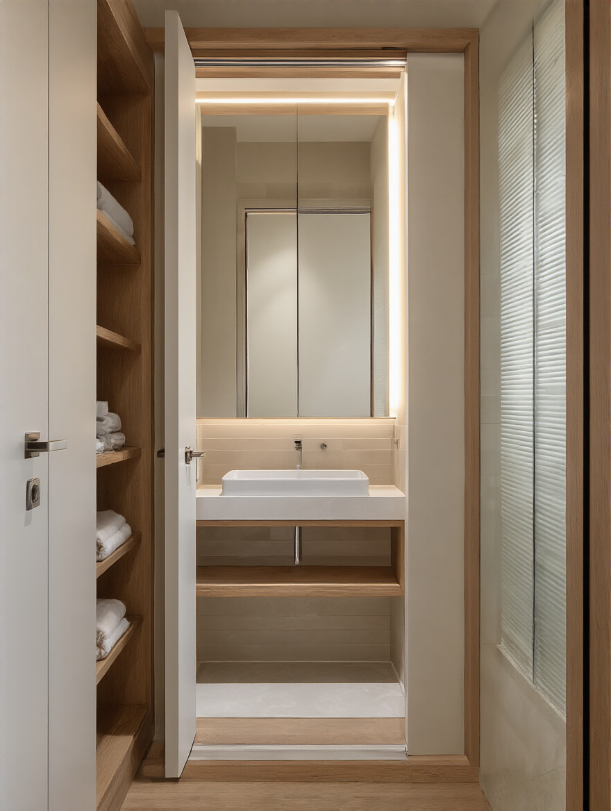 Pocket door in a compact bathroom reclaiming wall space