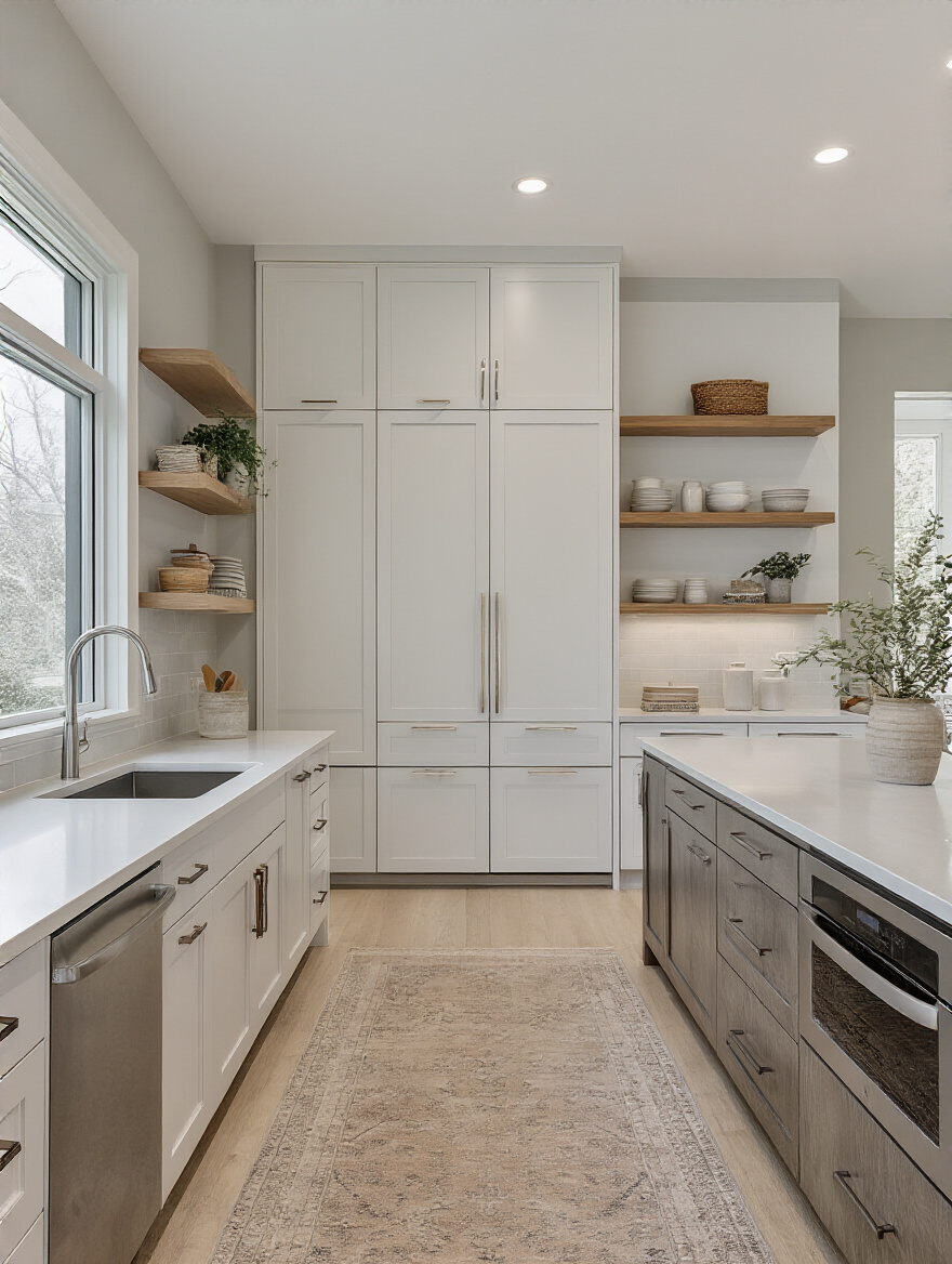 Portrait of a modern kitchen that preserves the existing footprint with a tall pantry and peninsula