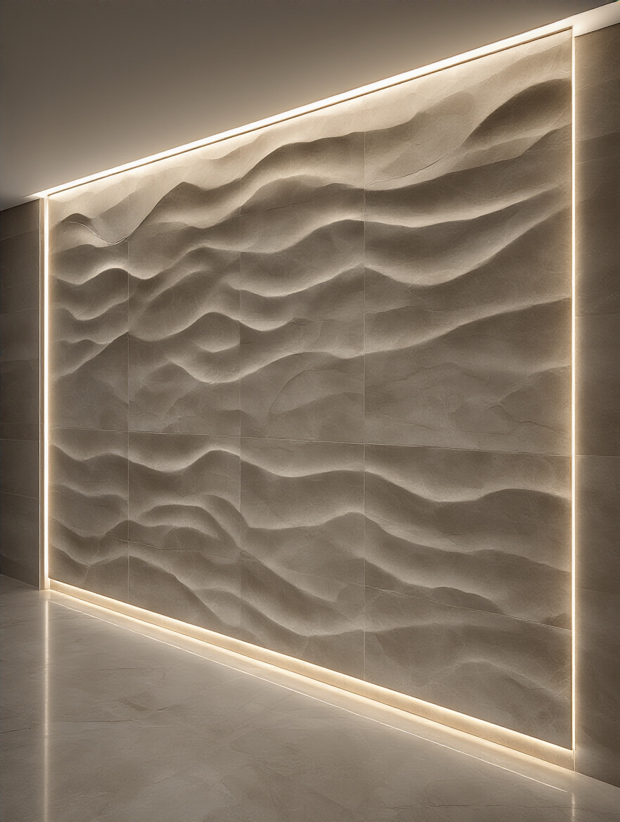 A luxurious bathroom accent wall with subtle wave-textured porcelain tiles, dramatically illuminated by concealed LED linear strip lighting that grazes the surface, highlighting texture and creating elegant shadows.