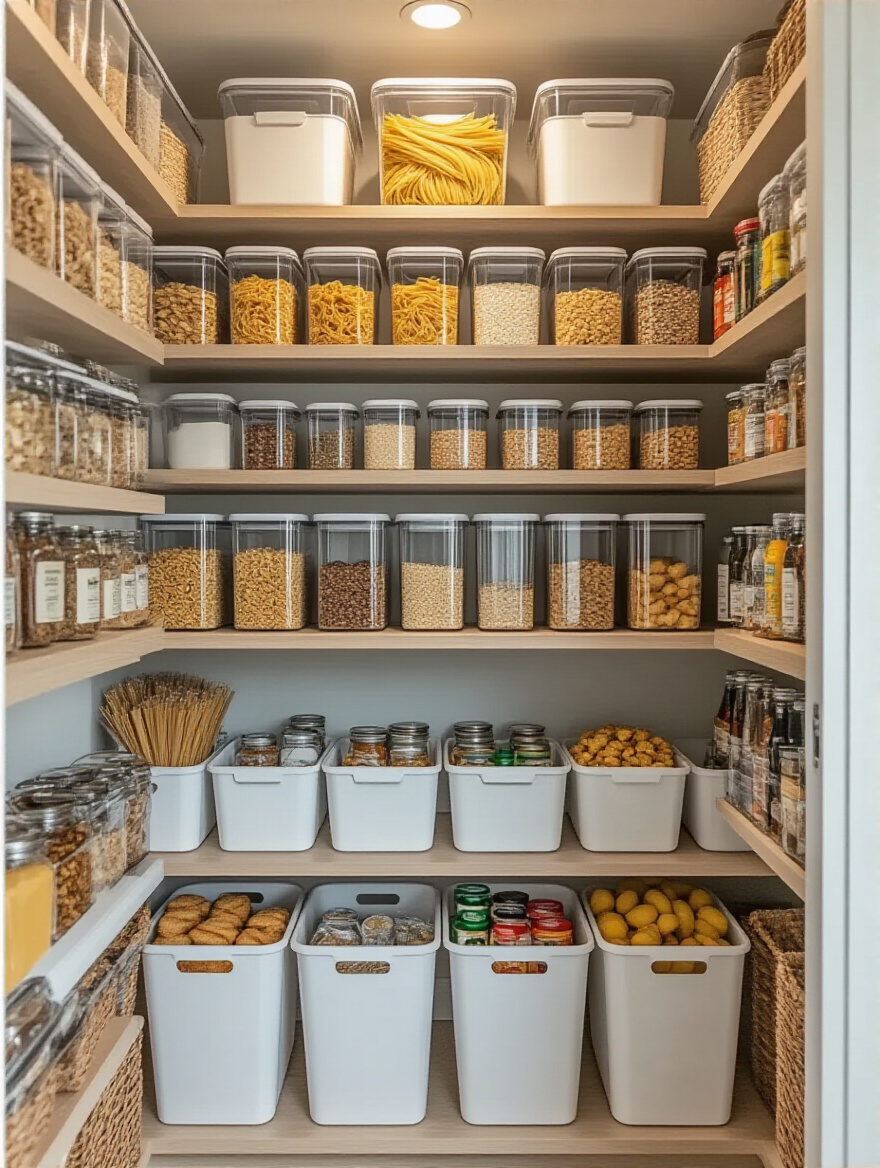 A perfectly organized pantry featuring white stackable bins, various clear airtight containers filled with dry goods, and caddies neatly storing spices and sauces on wooden shelves, all sparkling clean under warm natural light, demonstrating efficient pantry organization.