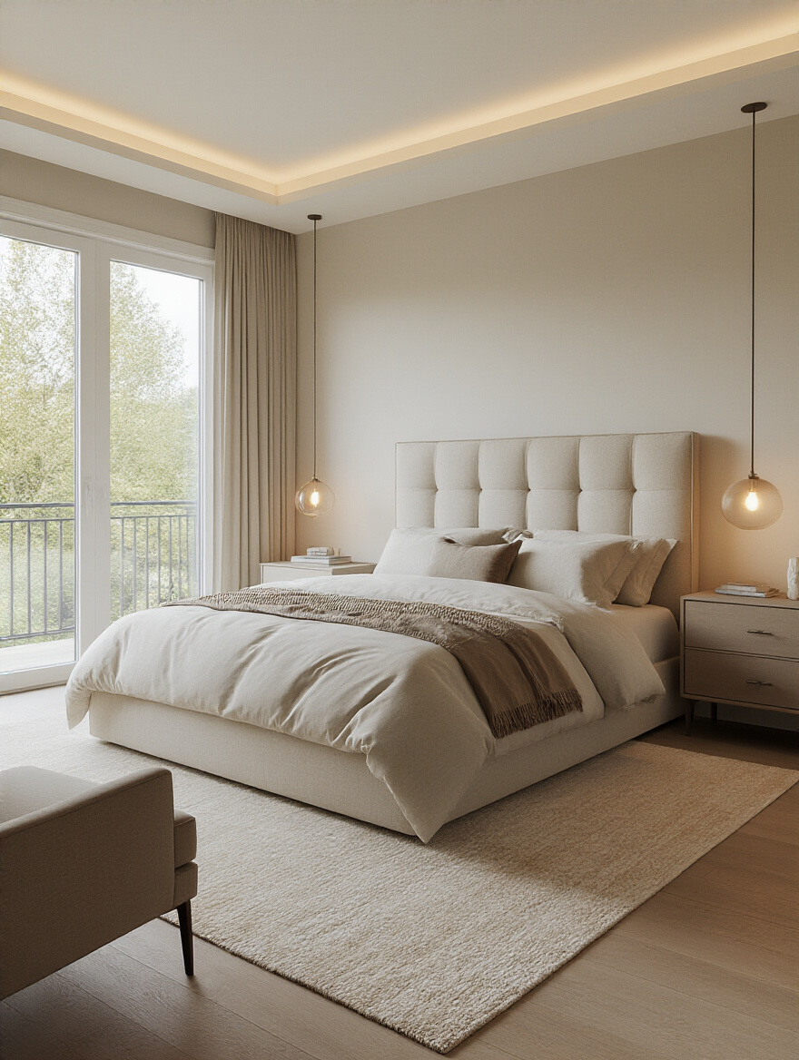 Portrait view of a serene bedroom layout emphasizing flow and restfulness.