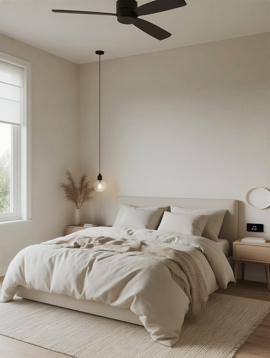 Portrait of a serene bedroom with a wall thermostat and breathable bedding