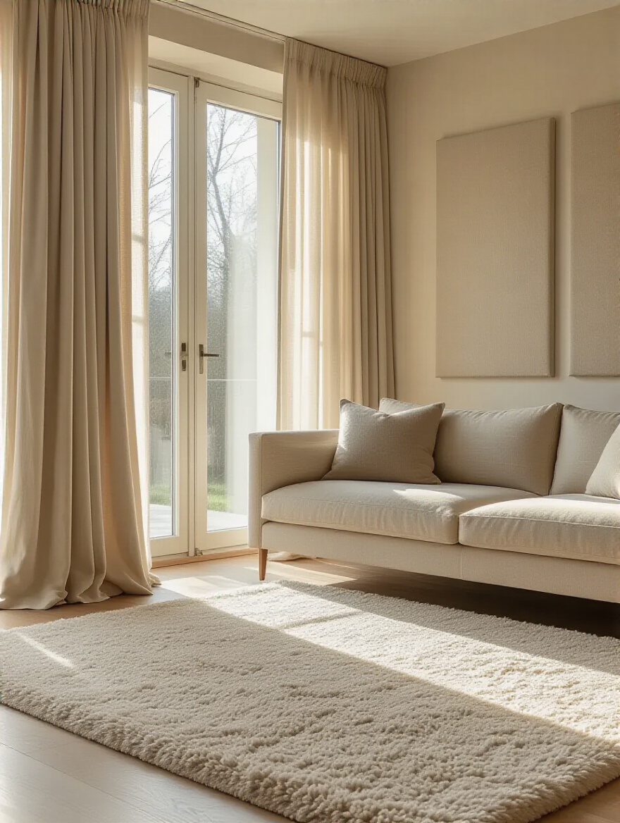 Living room with acoustic panels and soft furnishings for tranquil acoustics
