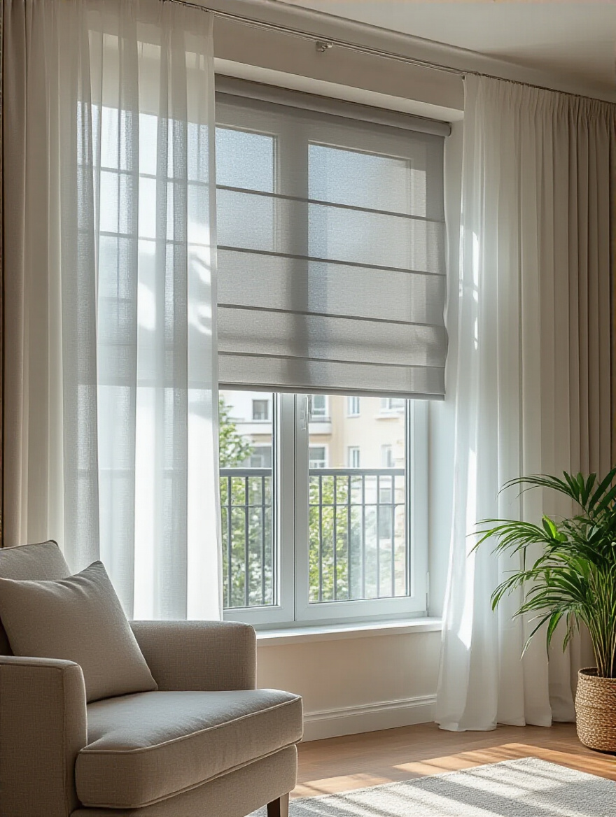 A stylish apartment living room with layered window treatments, showing sheer curtains diffusing natural light and partially lowered roller shades for enhanced privacy and light control.