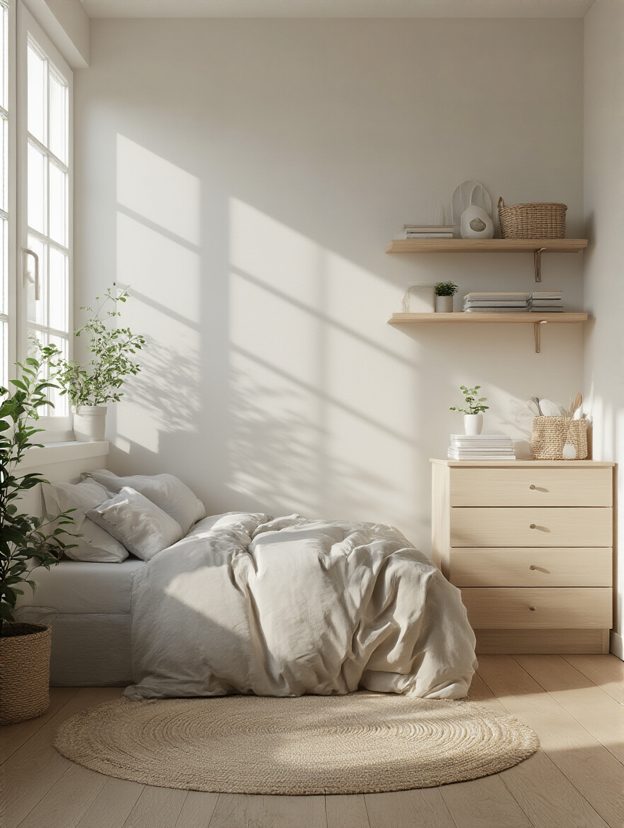 Portrait view of a tidy small bedroom with an uncluttered layout and soft daylight