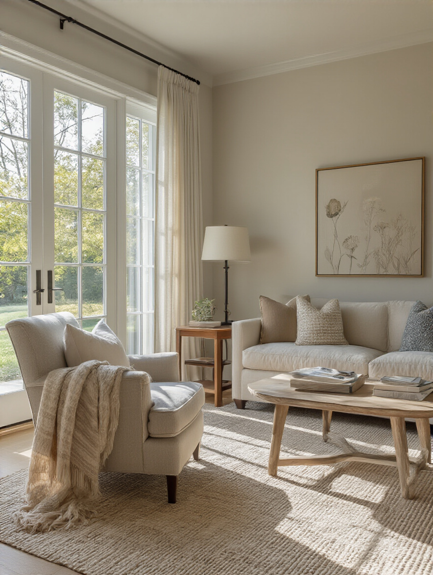 A beautifully personalized living room with a thoughtful layout, featuring cozy seating areas, clear pathways, and custom decor for enhanced comfort and efficient flow. Soft natural light fills the serene space.