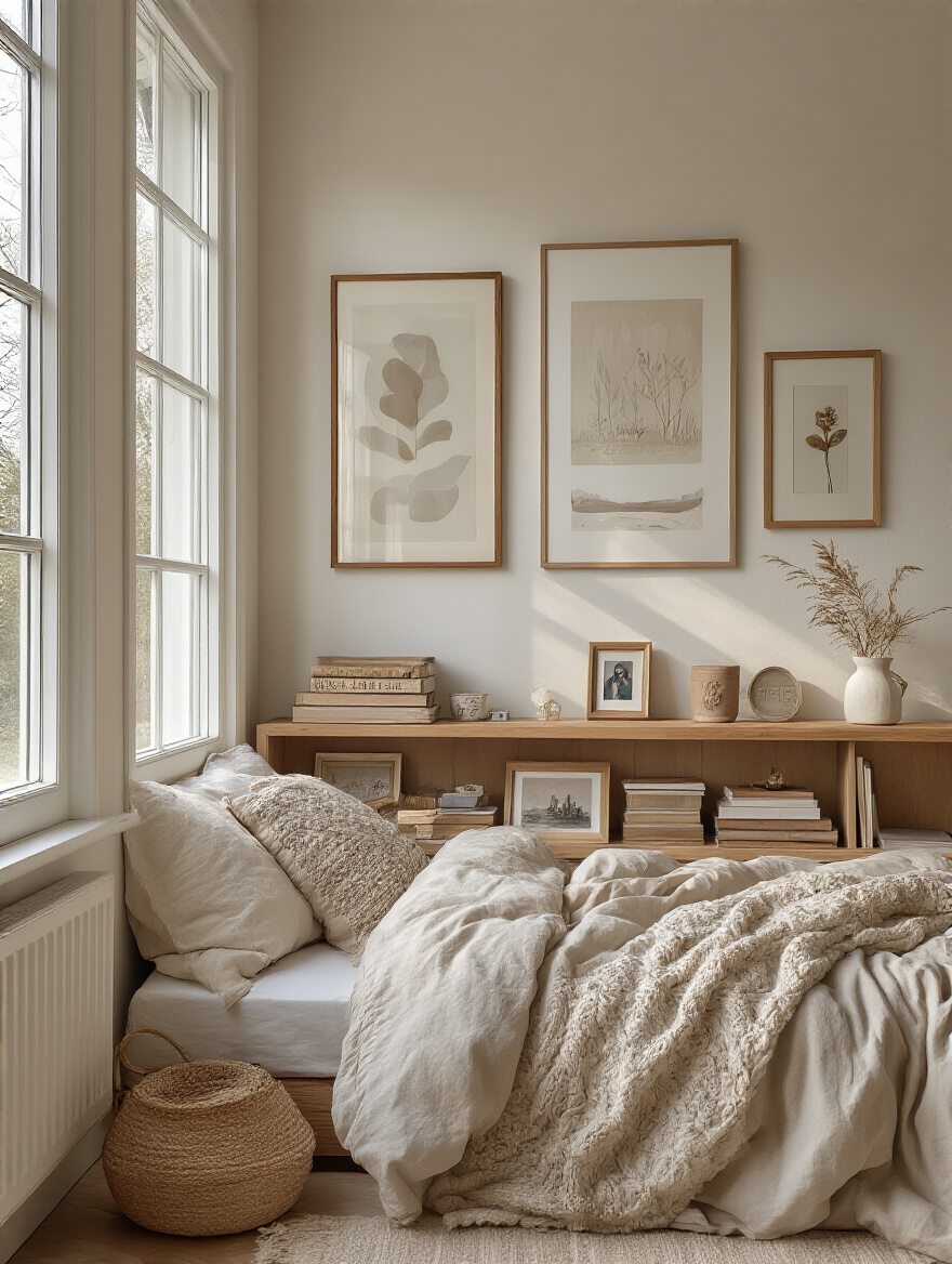 Vertical bedroom vignette with curated art and personal mementos