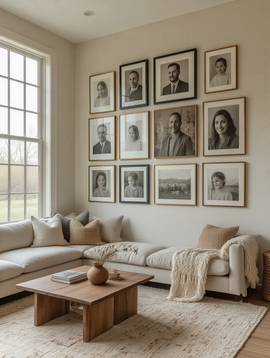 Gallery wall of personalized art and family photos in a cozy living room