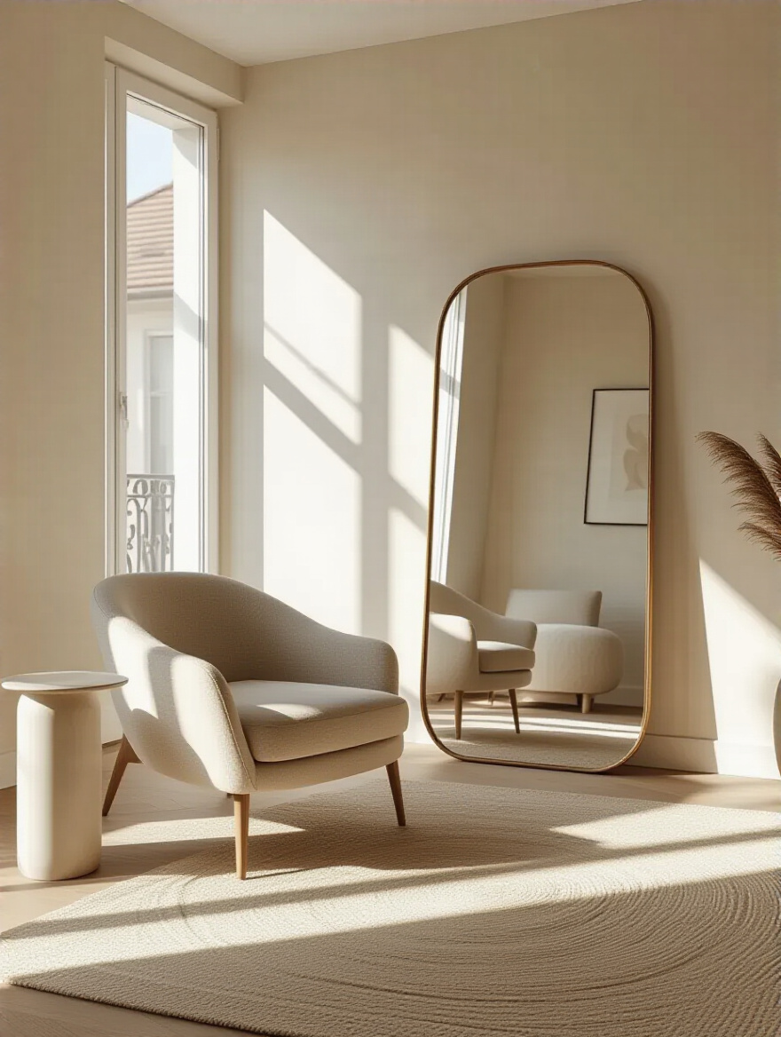 A stylish, small apartment living room featuring a large, ornate mirror strategically placed on a wall to reflect natural light from a window, making the room appear larger and brighter. Contemporary furniture and soft decor.