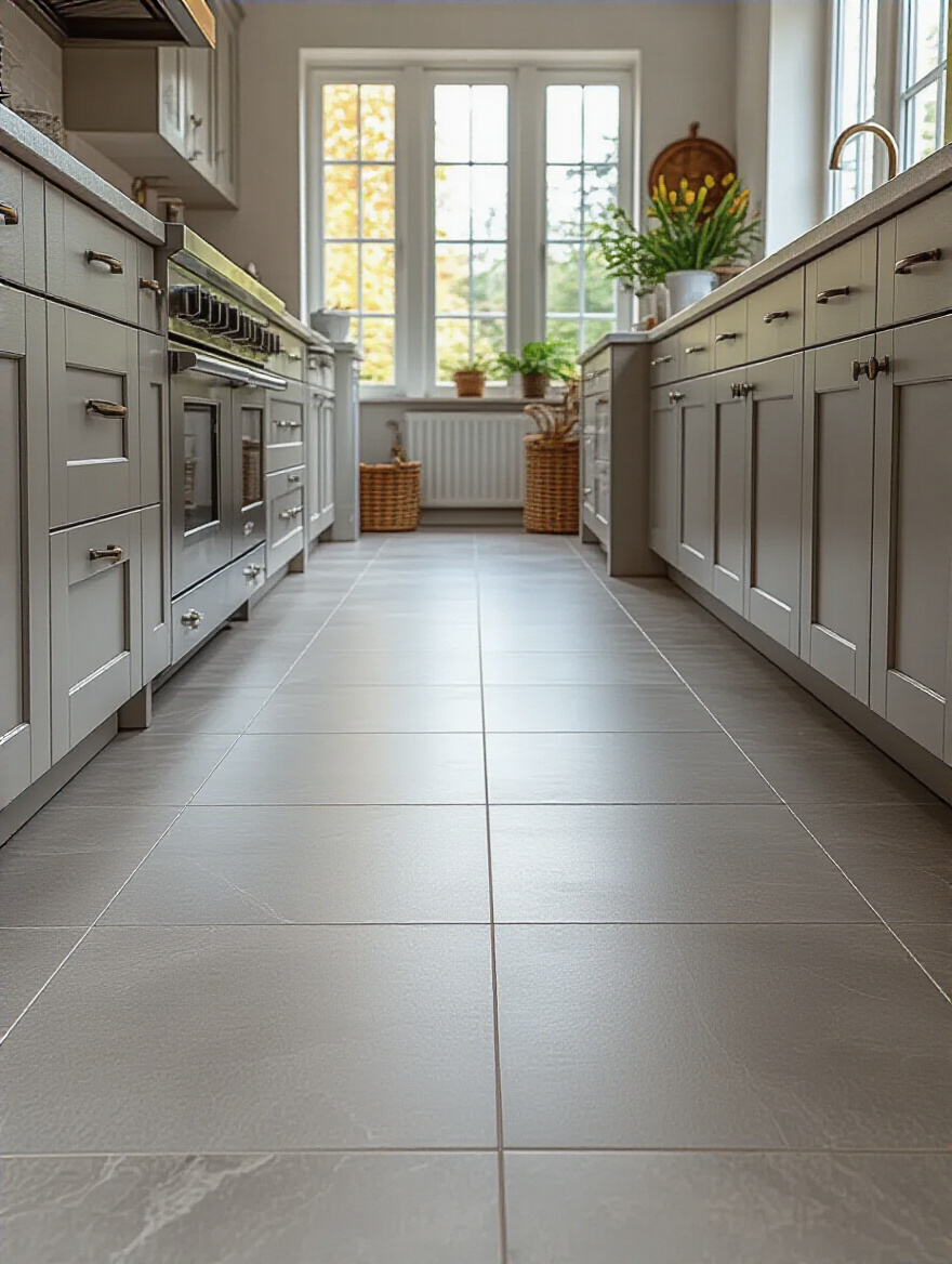 Kitchen floor tiles dry-placed with spacers and chalk lines for optimal visual flow before permanent installation, in a modern setting.