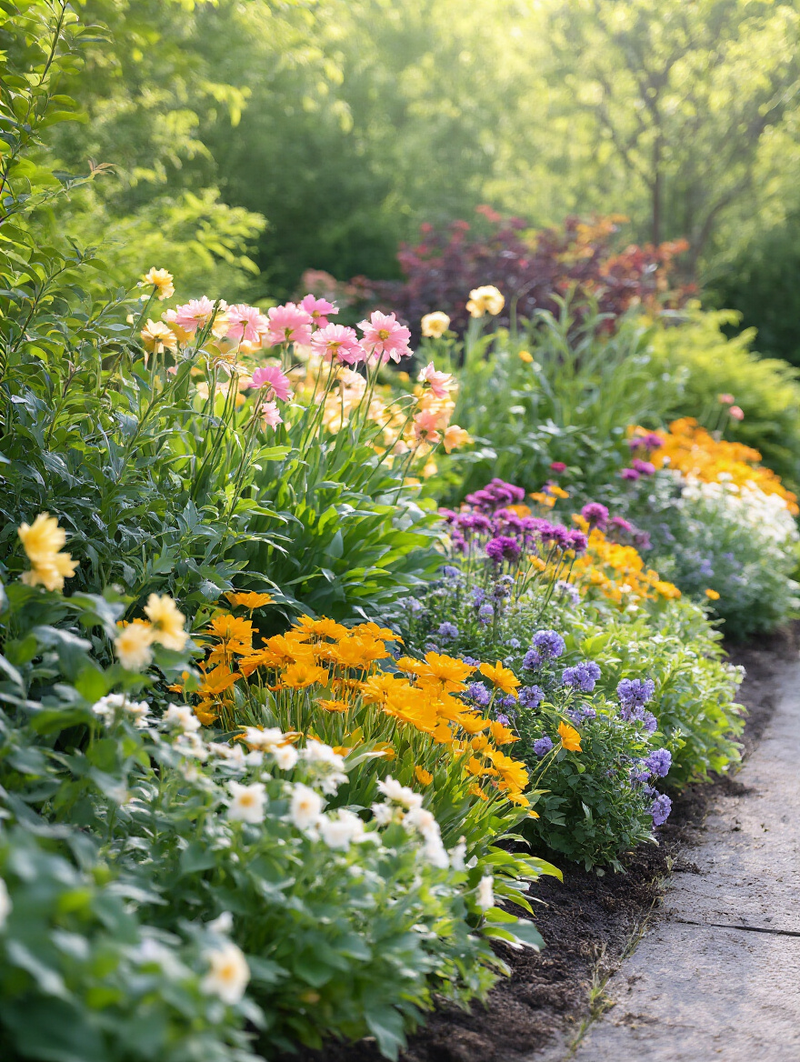 Lush garden bed displaying a vibrant mix of flowering plants and foliage from different seasons, illustrating successful year-round garden planning.