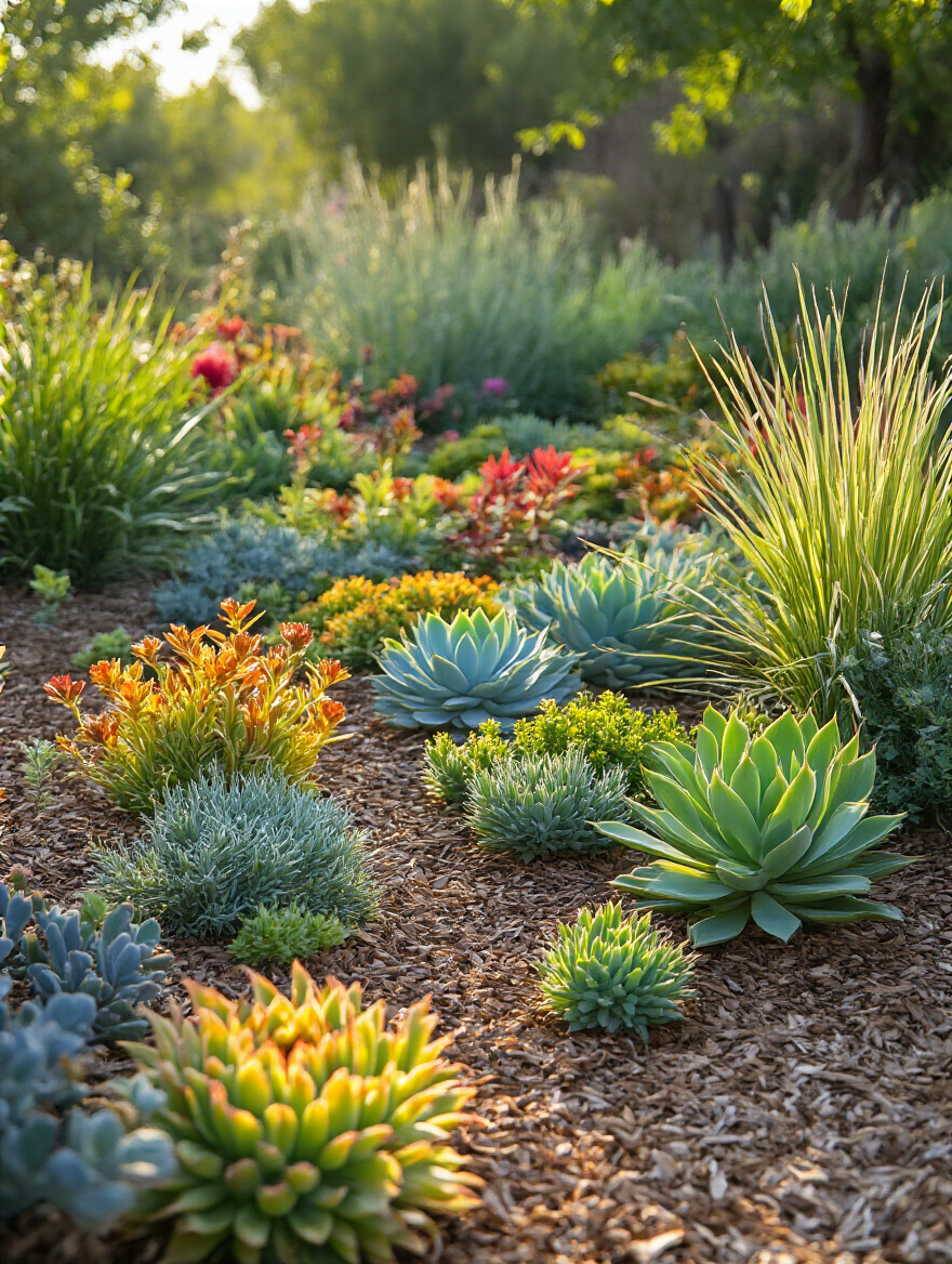 Close-up view of a beautifully arranged water-wise xeriscape garden with succulents, ornamental grasses, and mulch, showing efficient plant grouping.