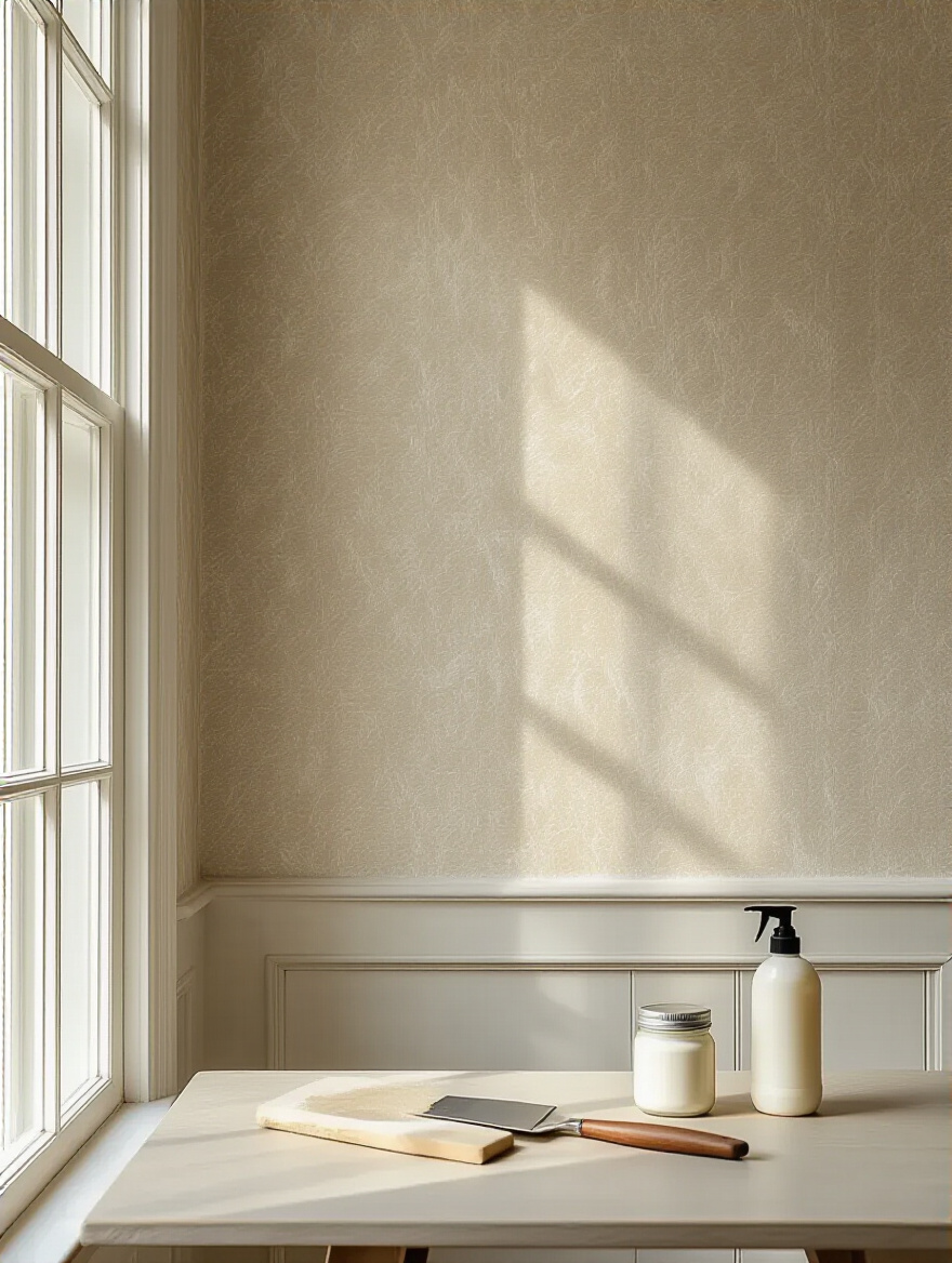 Portrait of a dining room wall prepped for wallpaper with primer sheen and patching