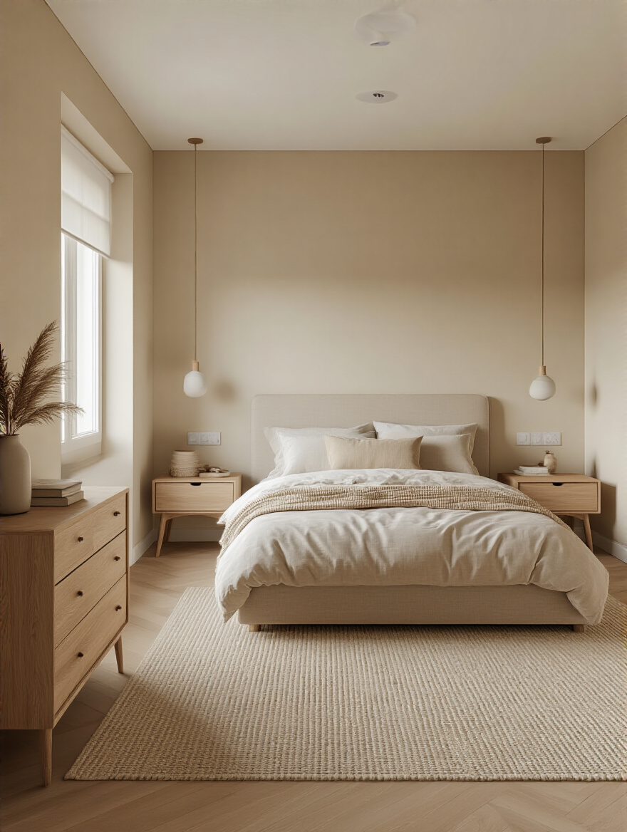 Portrait view of a small bedroom with a well-proportioned bed and open floor space