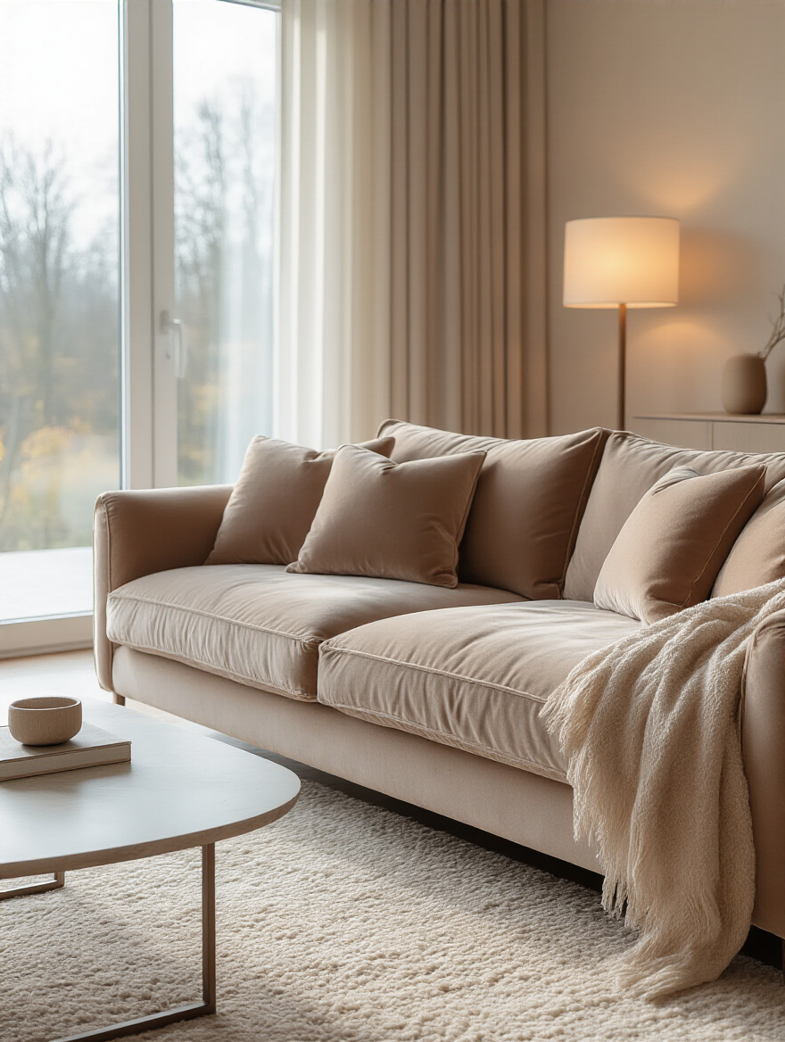 Cozy living room with plush sofa centerpiece in warm lighting