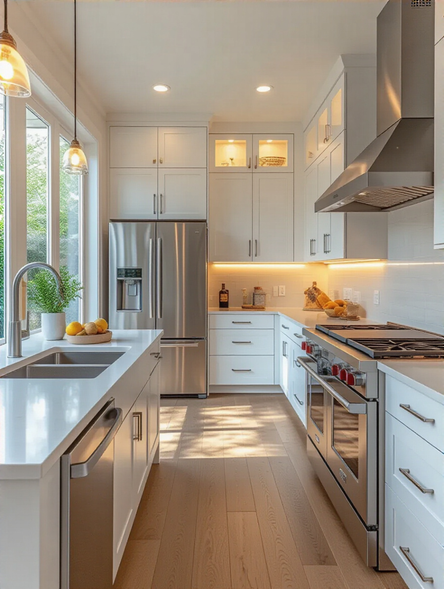 Portrait of a modern kitchen scene with energy-efficient lighting and appliances