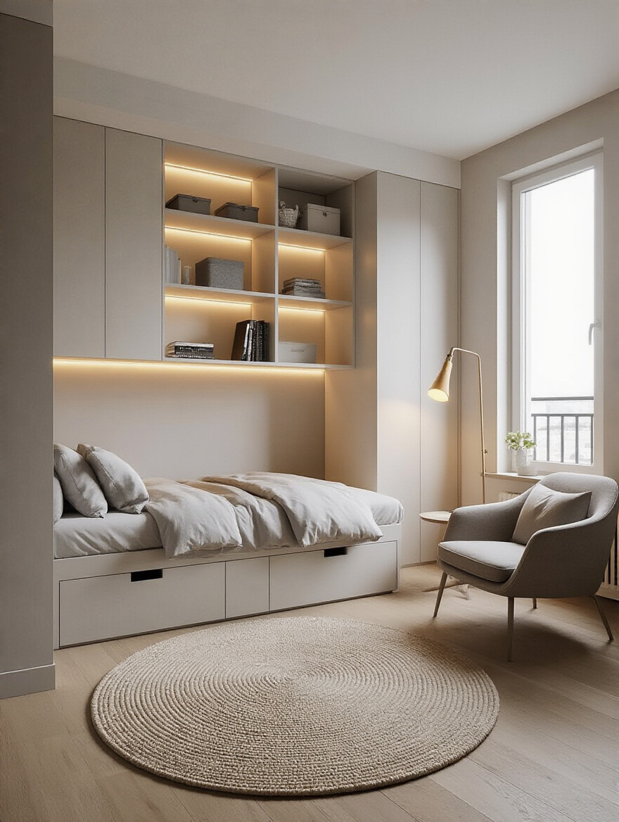 Small apartment bedroom organized into distinct functional zones: a bed with storage, an organized vertical shelf, and a cozy reading nook with an armchair and lamp, maximizing space efficiency and promoting a decluttered look.