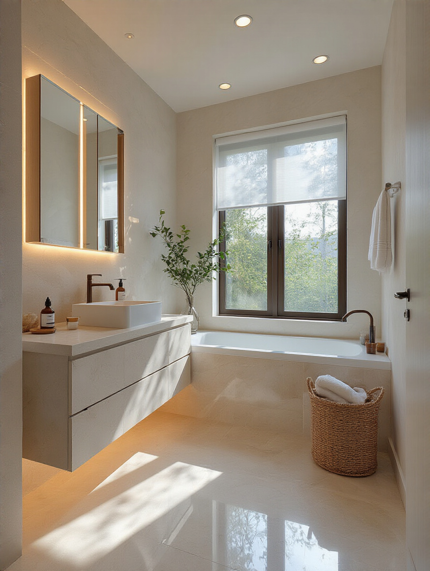 Portrait shot of a bright small bathroom with natural light and layered lighting