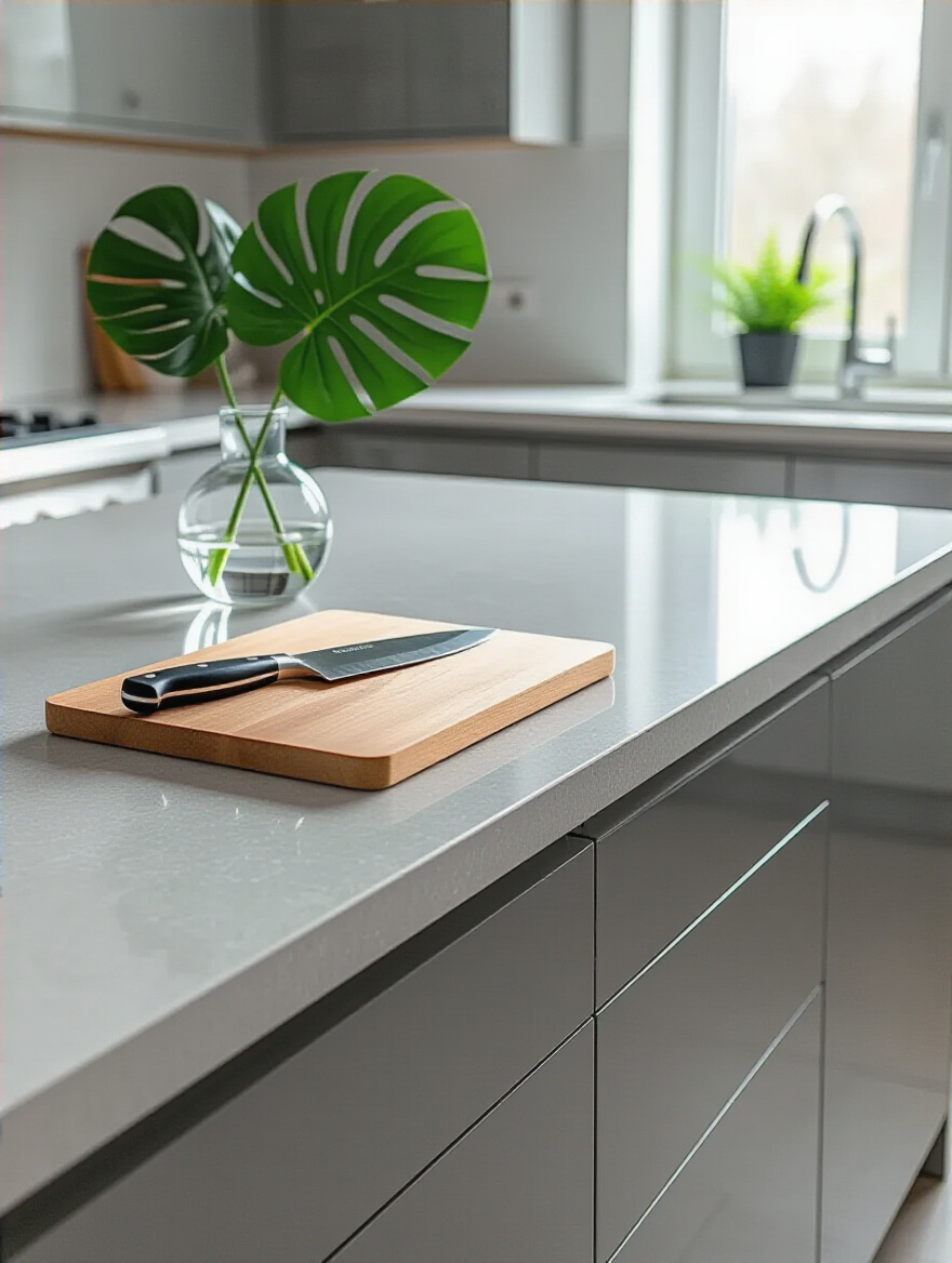 Close-up of pristine light gray quartz kitchen countertop with a wooden cutting board, emphasizing its stain resistance, durability, and low maintenance.