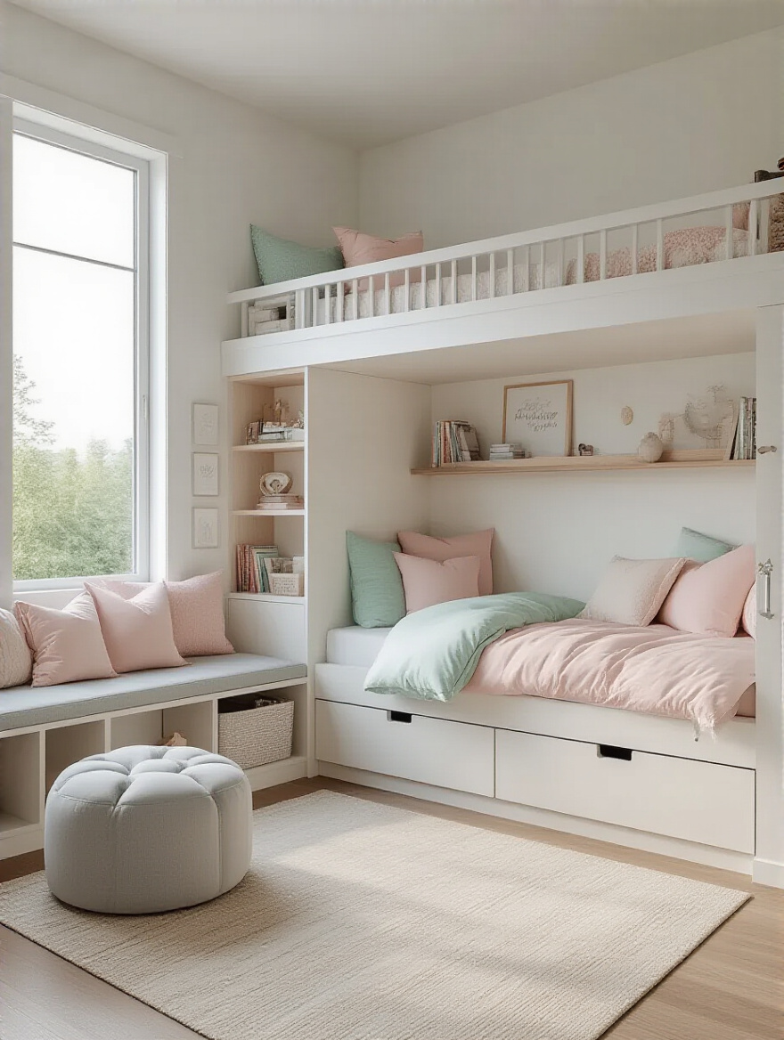 A functional teen girl's bedroom layout with a loft bed, built-in desk, wall shelves, and distinct zones for sleep, study, and relaxation. The room is bright and organized, showcasing practical space utilization.