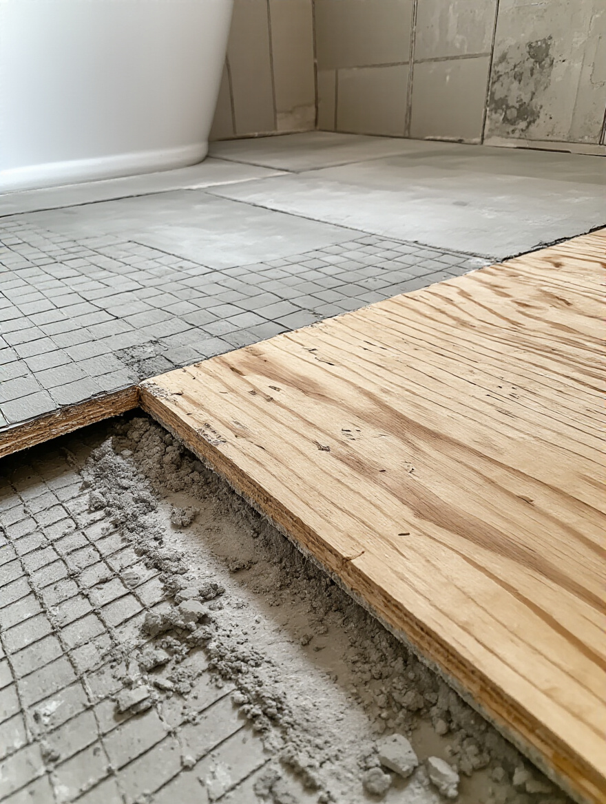 A meticulously prepared bathroom subfloor with securely fastened cement board underlayment, illustrating critical subfloor preparation for tile longevity.