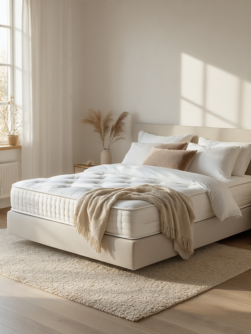 Bedroom with premium mattress on a sturdy bed base, cozy and inviting