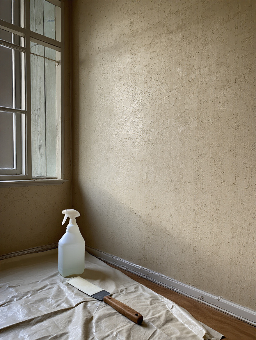 Portrait view of a dining room wall during wallpaper removal with scoring tool and spray bottle on a drop cloth.