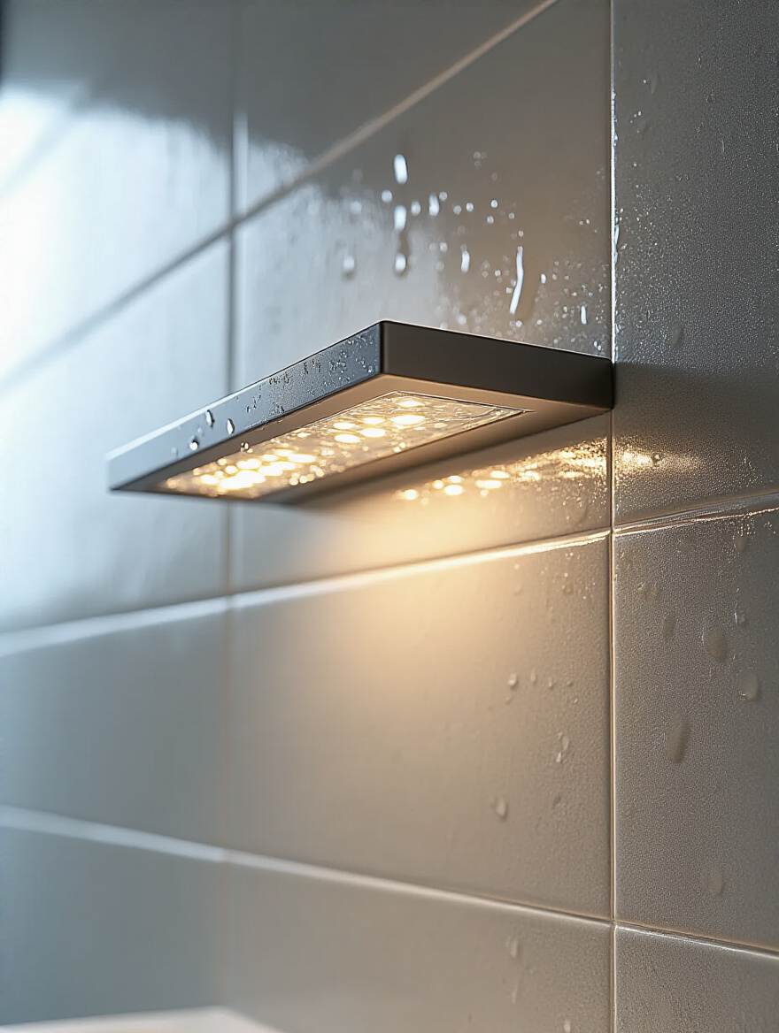 Close-up of a modern bathroom vanity light fixture professionally sealed with silicone against a tiled wall, protecting it from moisture and steam.