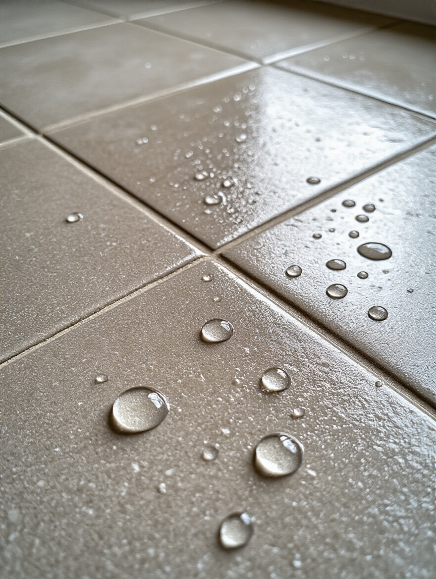 Close-up of kitchen floor tiles with water beads on a sealed surface and grout lines, demonstrating stain resistance and hydrophobicity under natural light.