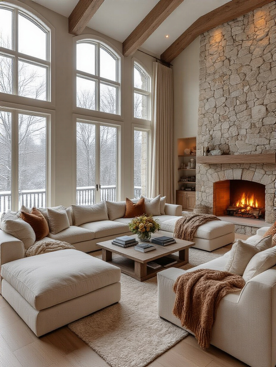 Cozy living room rearranged for winter, with a warm fireplace, plush seating, and rich textiles, showcasing a seasonal living room layout.